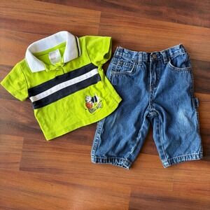 Park Bench Kids Faded Glory 6-9M Lime Green Polo Shirt Denim Carpenter Set